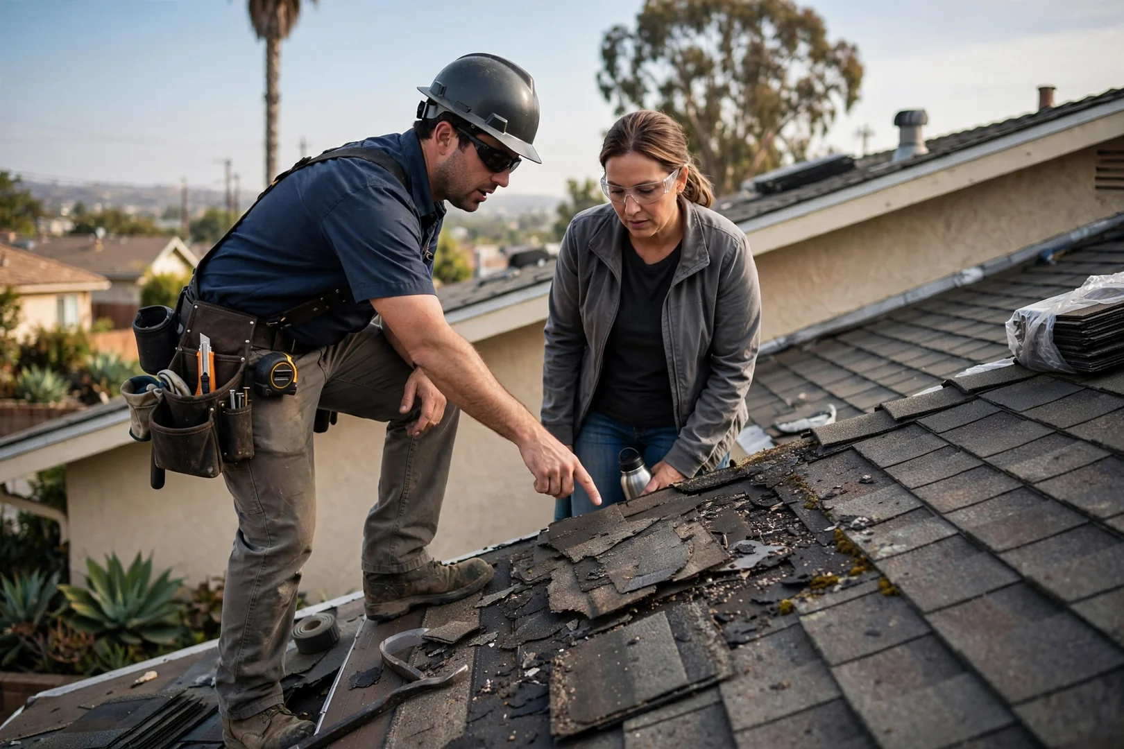 Roofing estimator measuring a flat commercial roof deck with membrane seams and drains