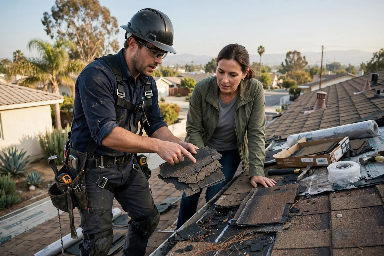 Roofing specialist reviewing flat commercial roof plans on a Pico Rivera building