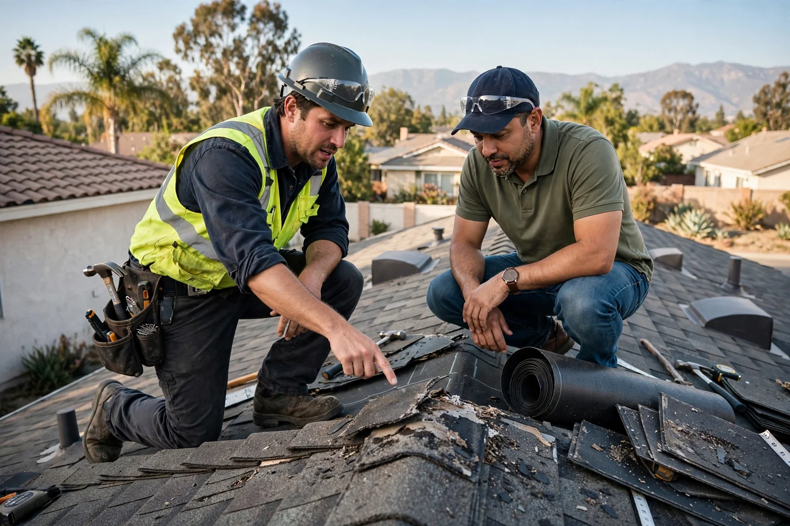 Roofing crew heat-welding a single-ply membrane on a flat commercial roof in Pico Rivera