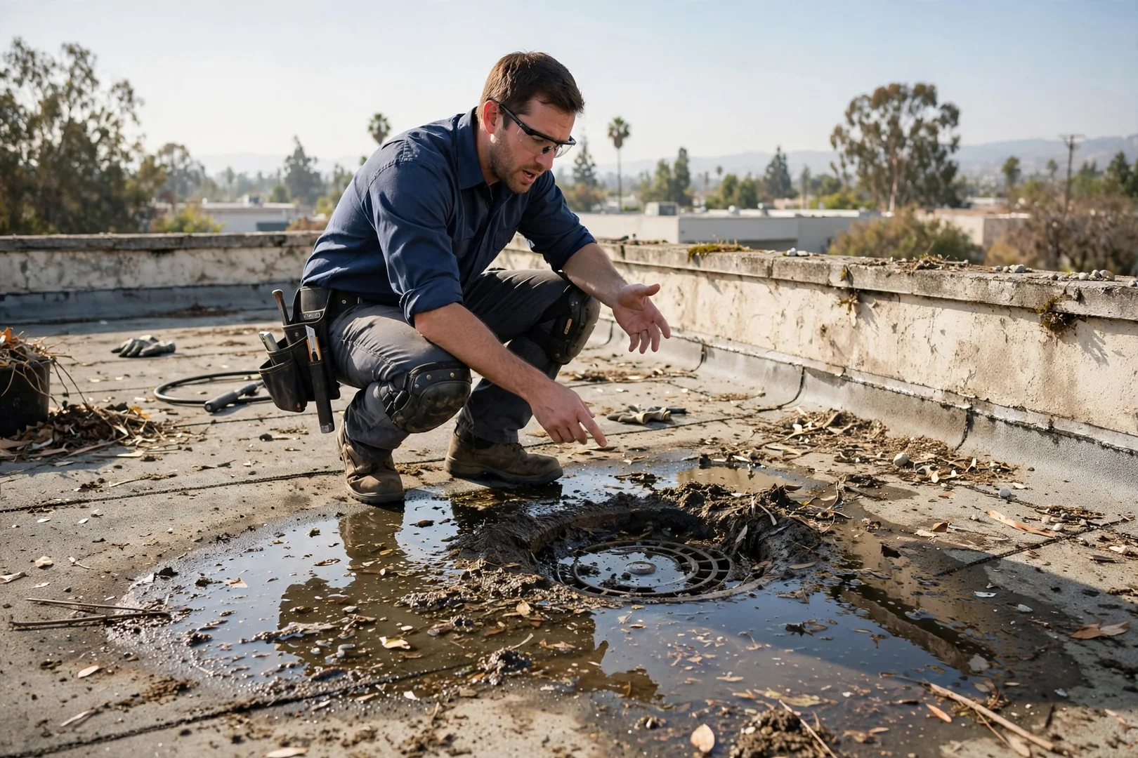 Standing water pooling near a clogged roof drain on an aging flat commercial roof
