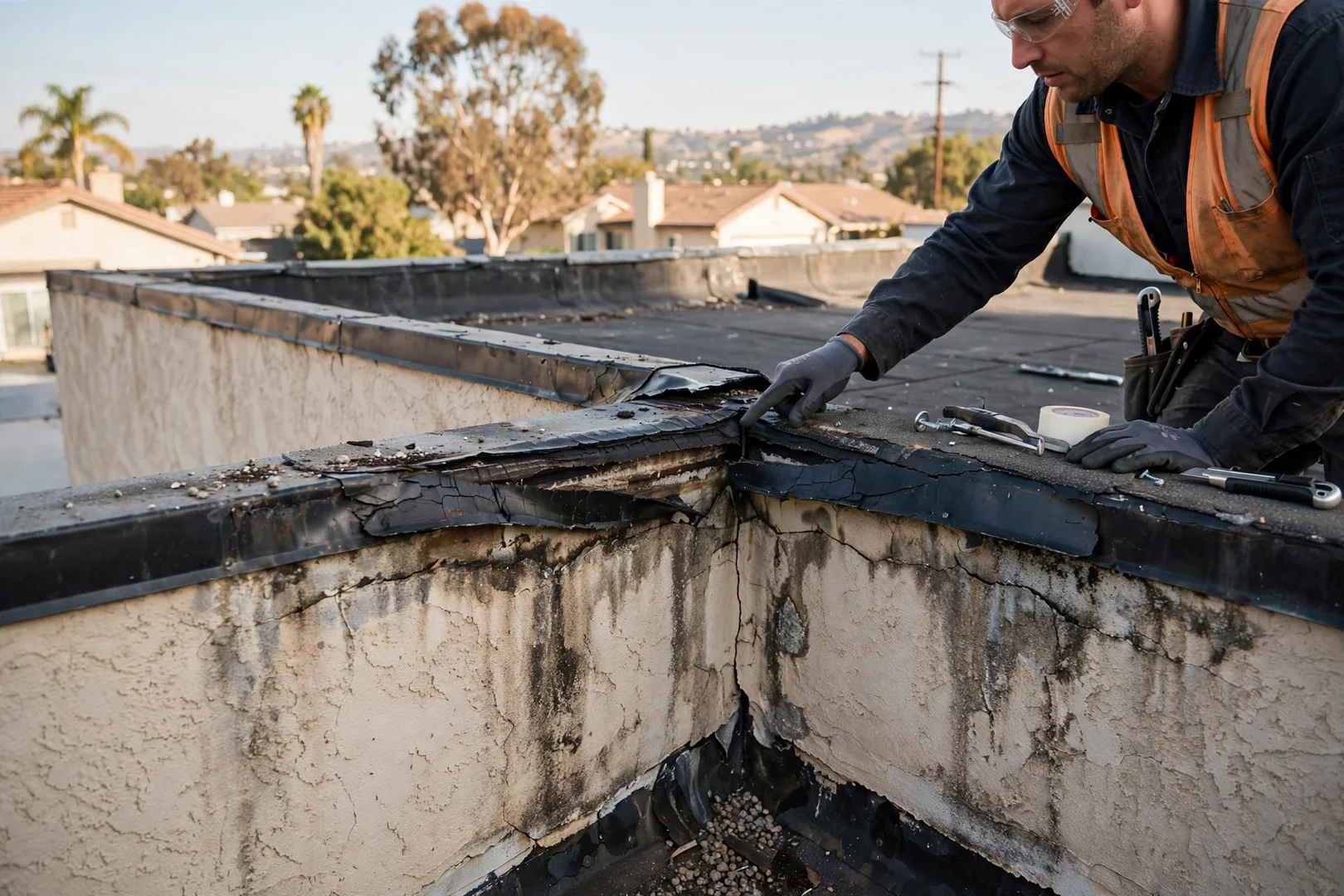 Split membrane seam and cracked flashing along a parapet wall showing moisture damage
