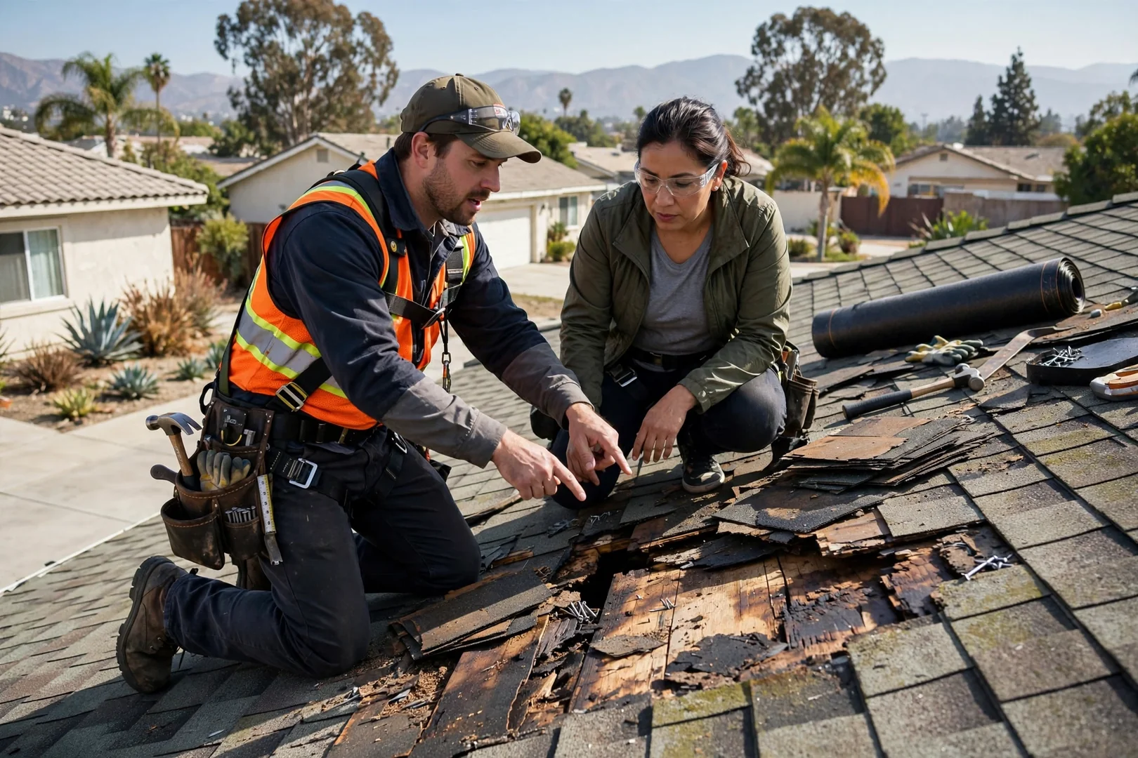 Installer securing seamless aluminum gutters along a Pico Rivera home roofline