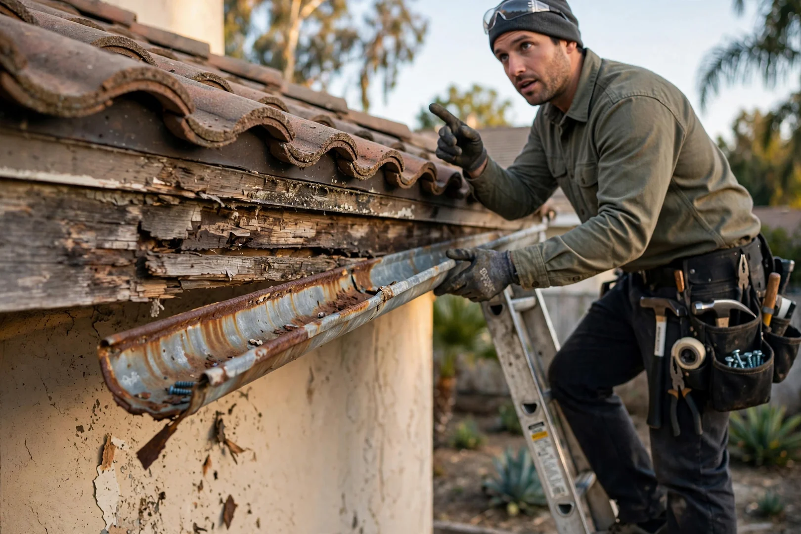 Sagging rusted gutter section pulling away from a weathered fascia board