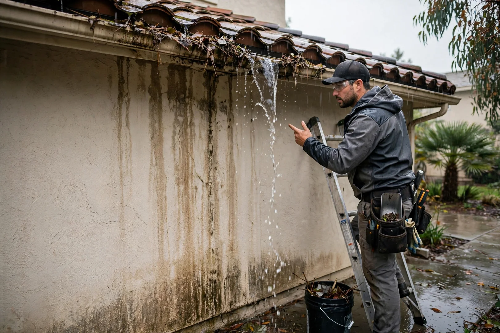 Rainwater overflowing a clogged gutter and staining stucco siding below