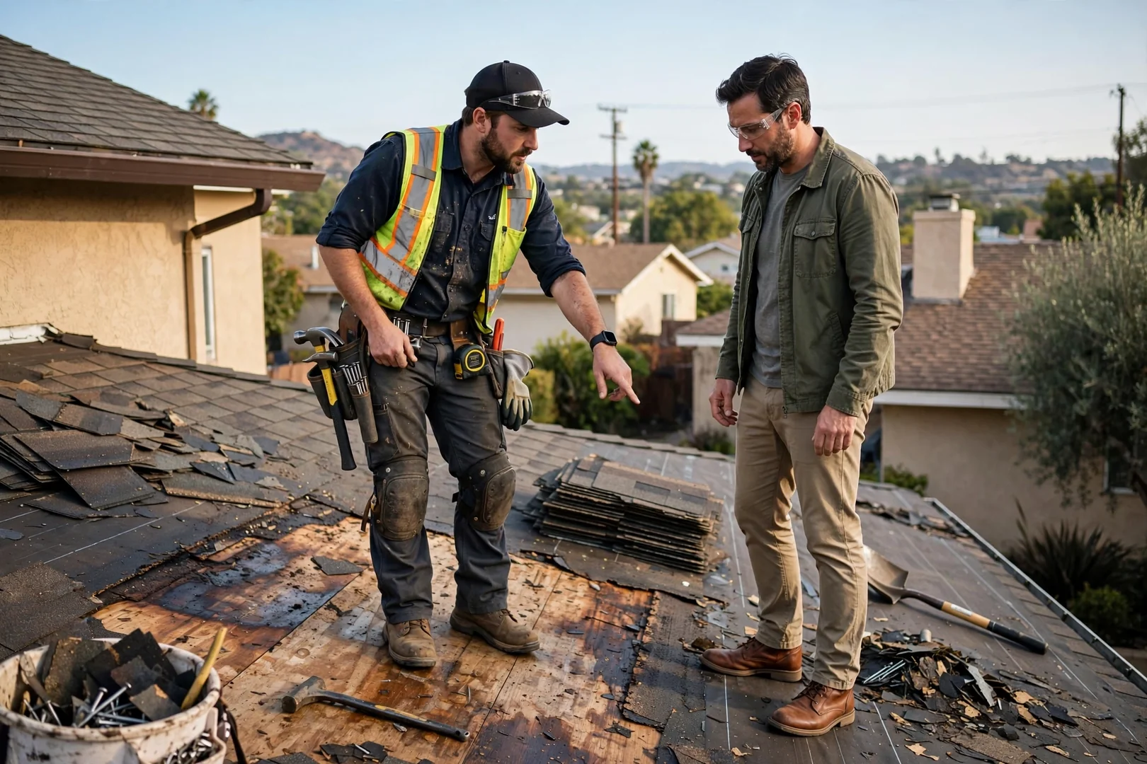 Standing seam metal roof panels being measured on a Pico Rivera home during installation