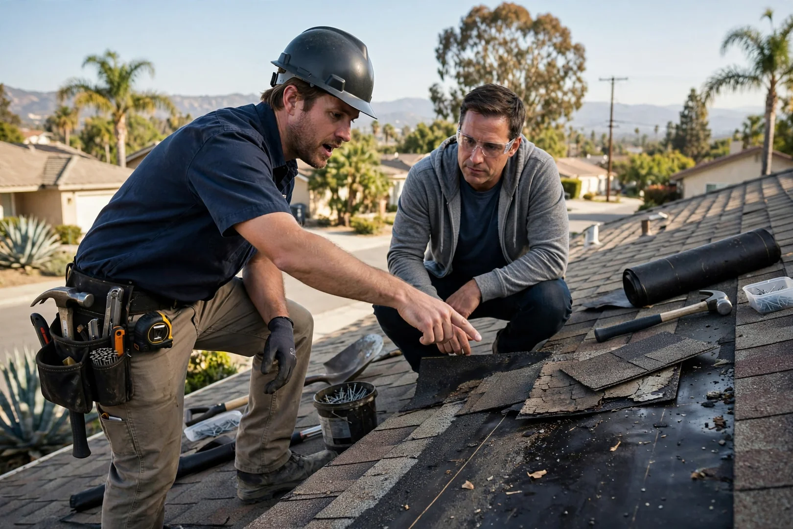 Installer setting standing seam metal roof panels on a Pico Rivera home