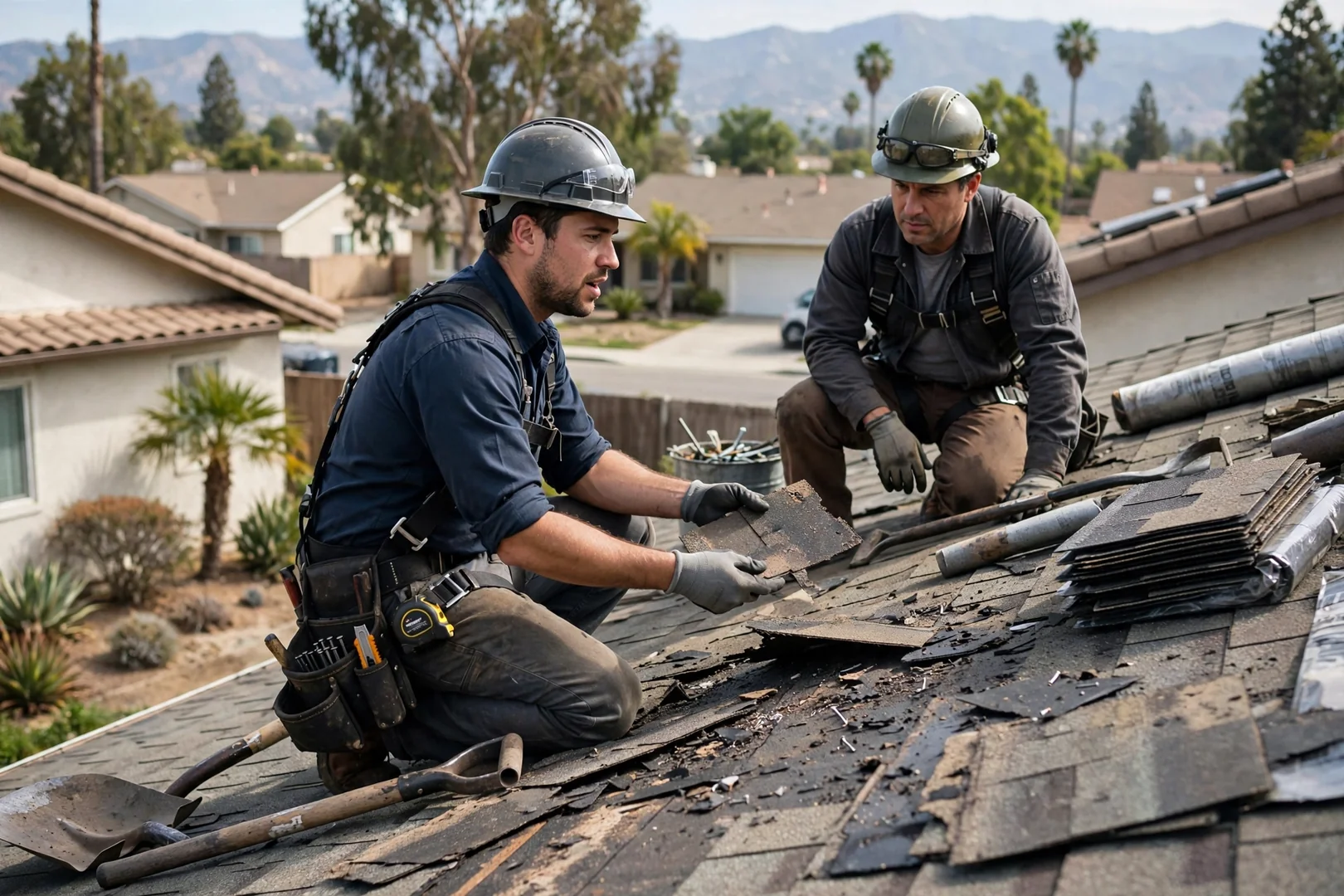 Standing seam metal roof panels being installed on a Pico Rivera home