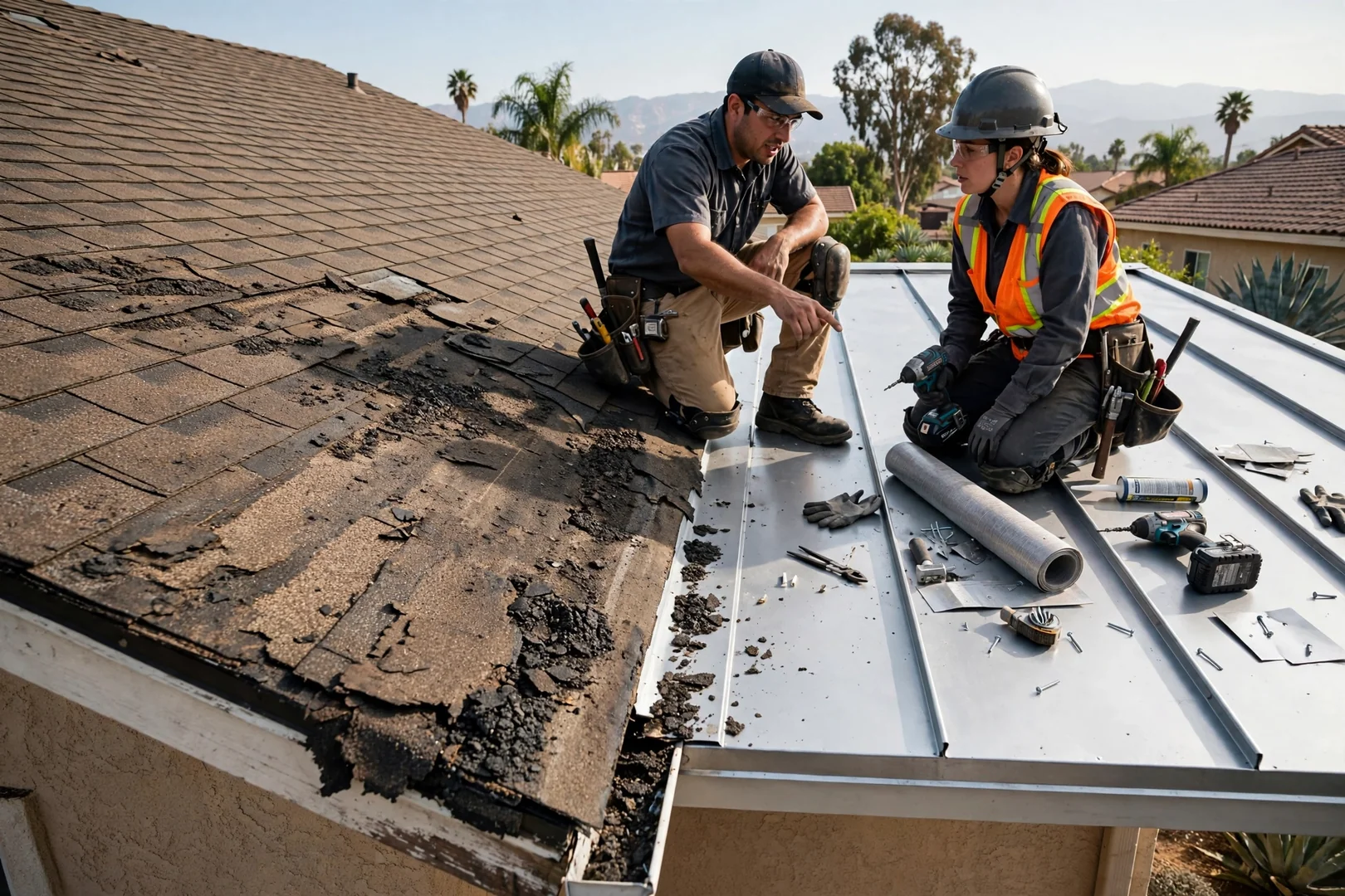Worn asphalt shingles with granule loss beside a newly installed metal roof section