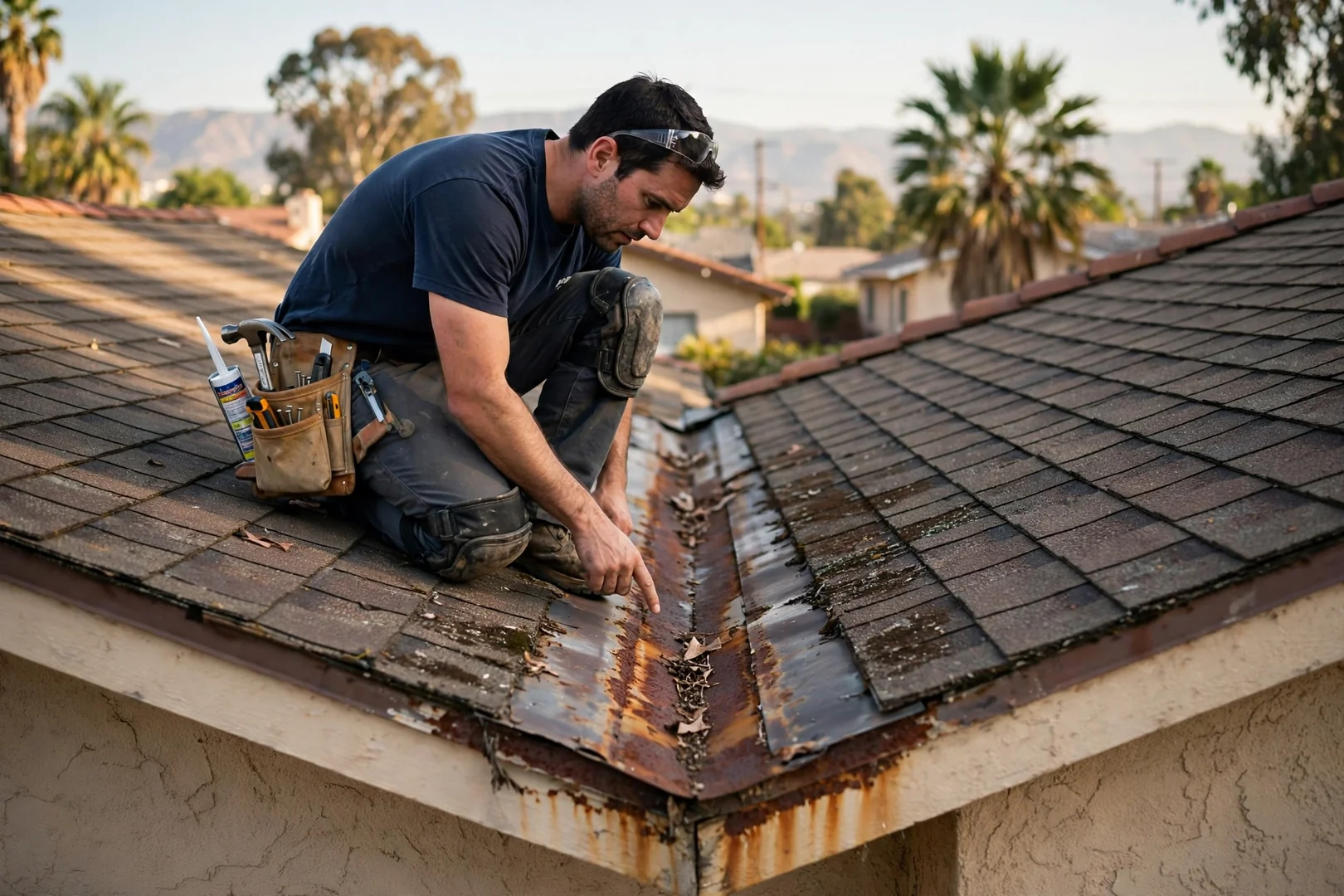 Roofer inspecting rusted valley flashing on an older Pico Rivera residential roof