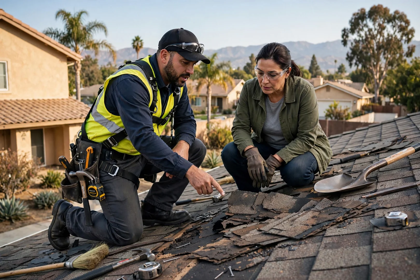 Roofer aligning a concealed fastener metal panel on a residential roof in Pico Rivera
