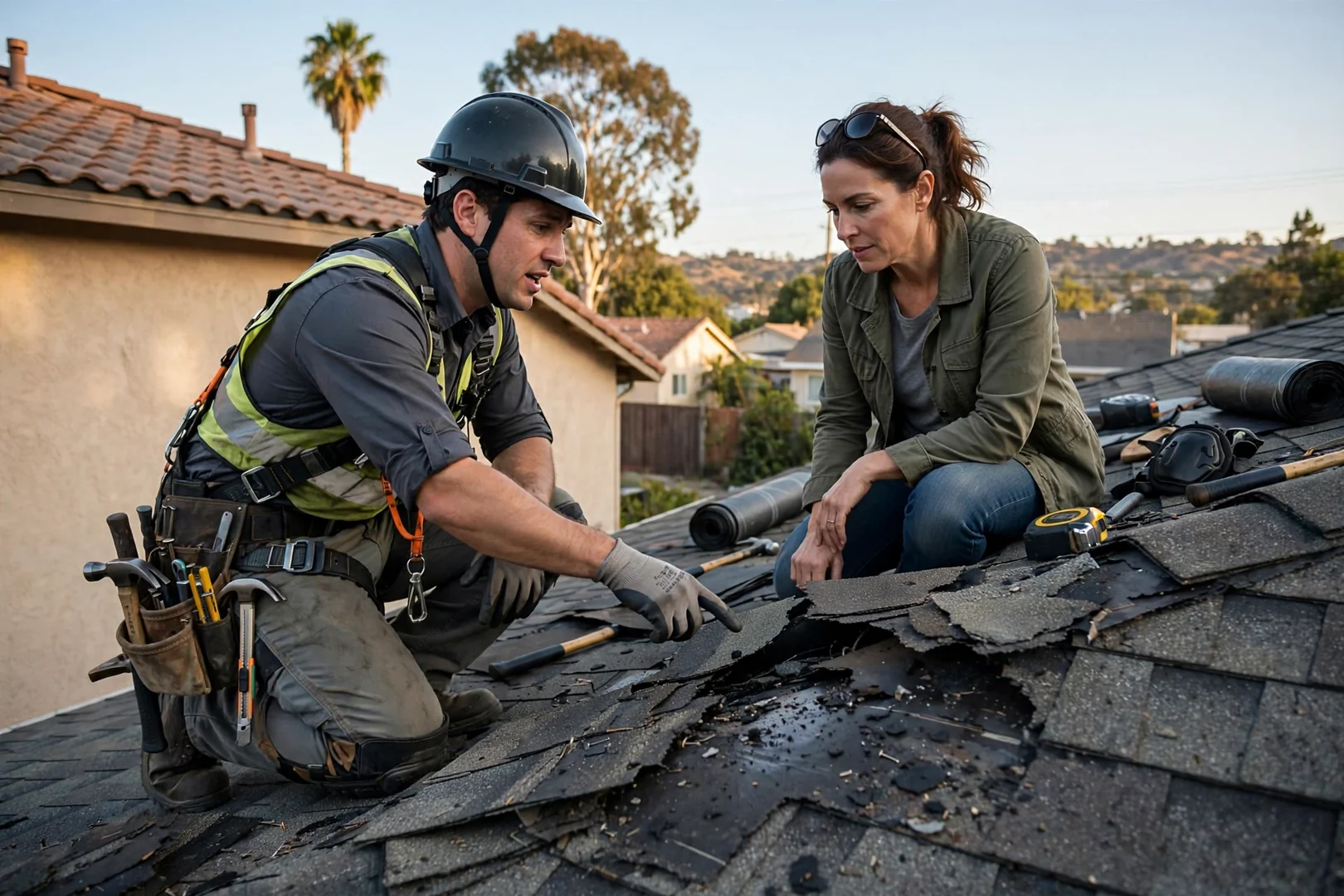 Roofing specialist documenting flashing condition during a detailed inspection on a Pico Rivera home