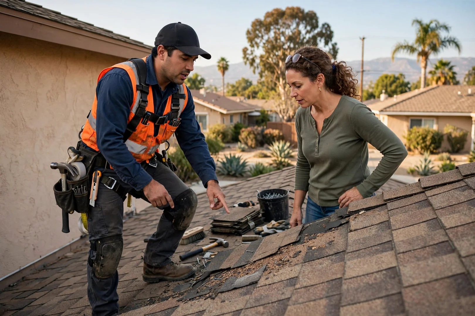 Roofing professional reviewing inspection findings with a homeowner in Pico Rivera