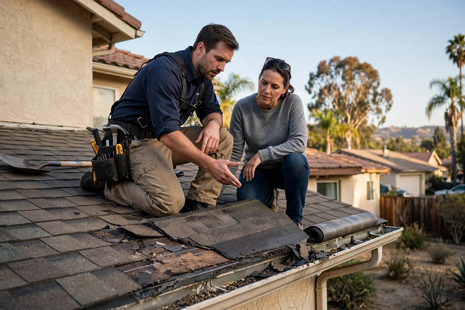 Roofing technician examining tile and flashing details during a residential roof inspection