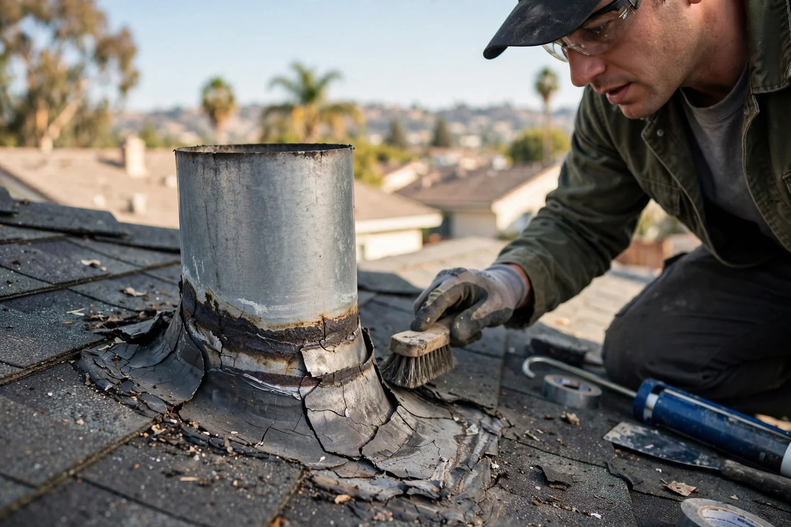 Close view of cracked sealant and worn flashing around a rooftop vent penetration