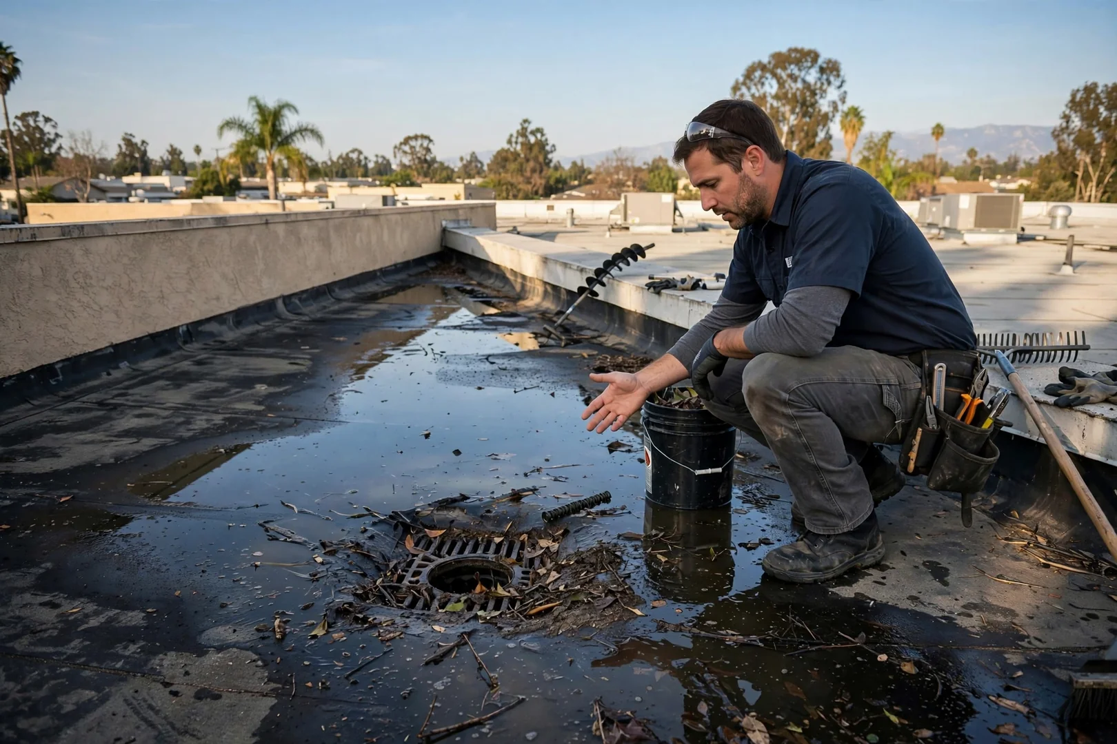 Ponding water near a clogged drain on a low-slope commercial roof in Pico Rivera