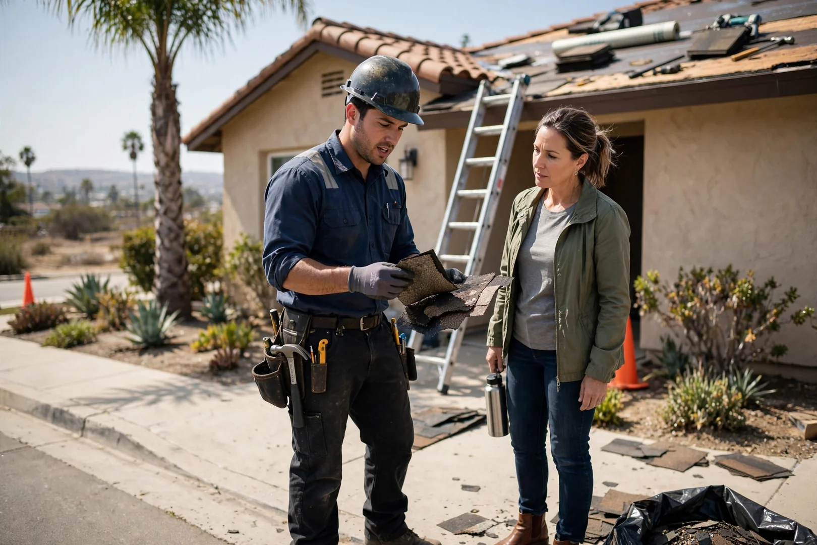 Inspector reviewing annotated roof condition photos with a homeowner after a rooftop assessment