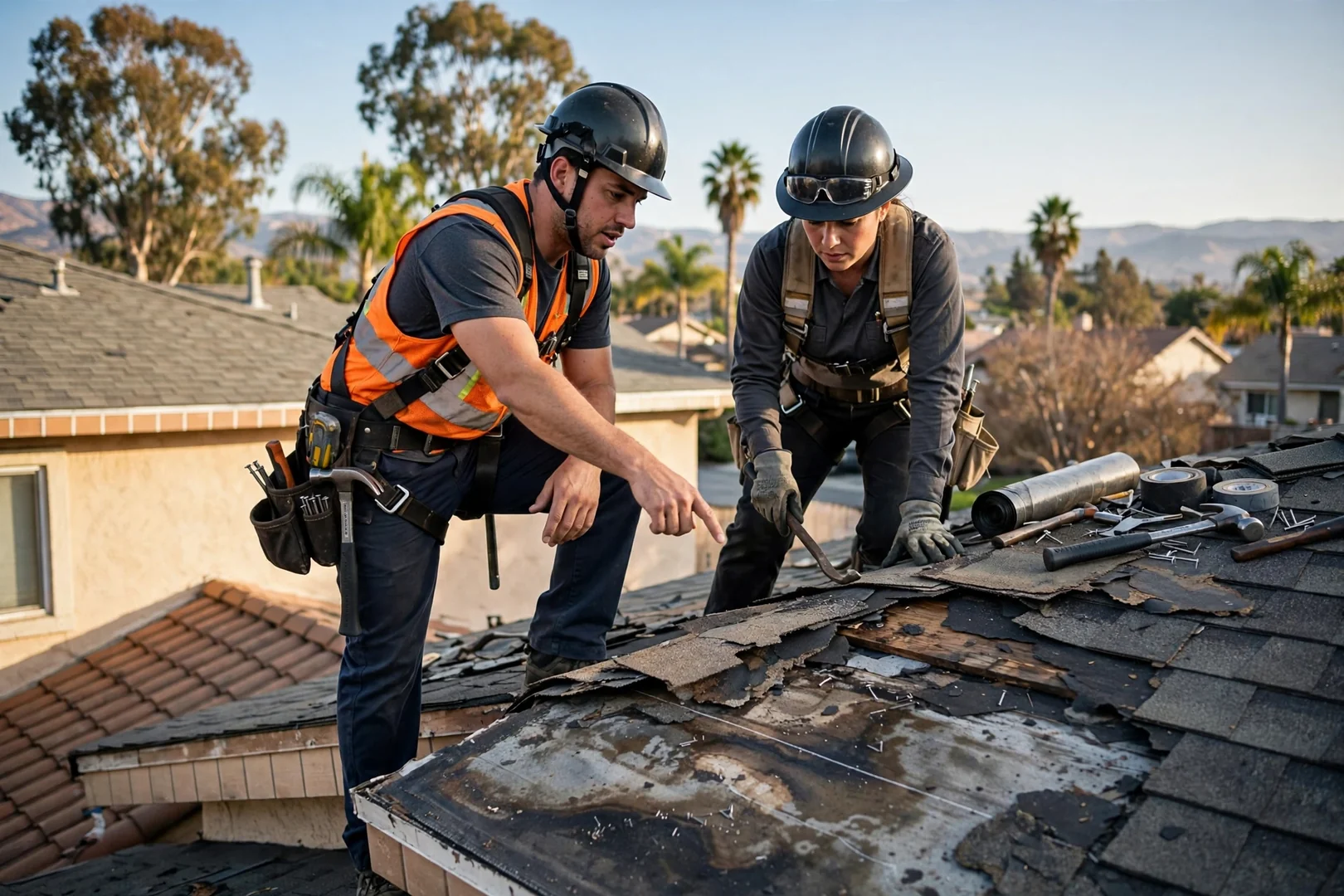 Roofer measuring damaged shingle area while preparing a repair estimate for a Pico Rivera home