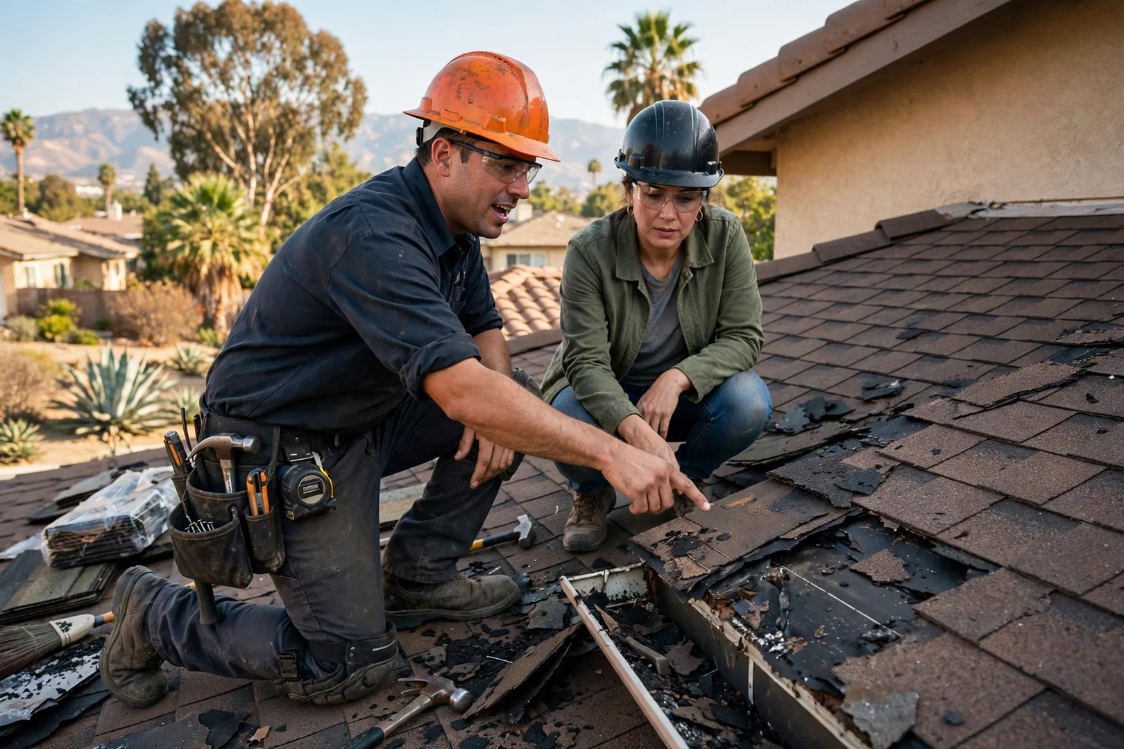 Roofer reviewing repair estimate with homeowner beside a Pico Rivera home