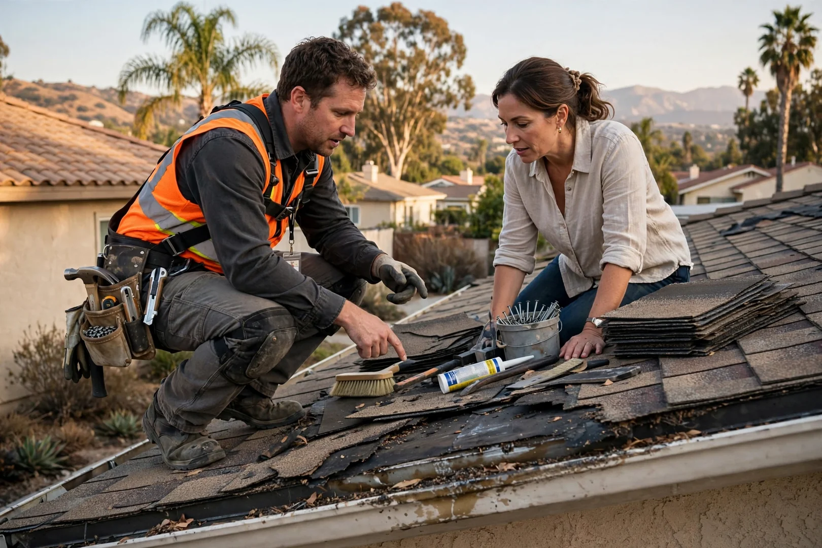 Roofer replacing damaged flashing on a tile roof in Pico Rivera