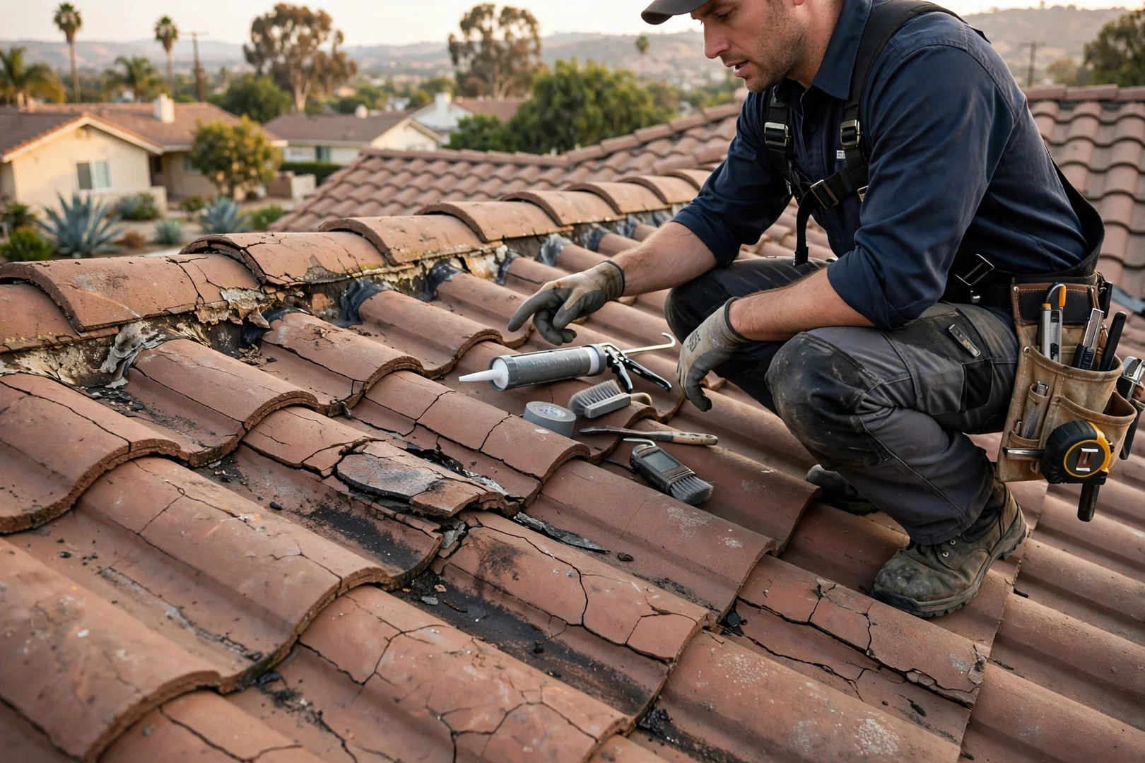 Cracked roof tiles and worn sealant showing early water damage signs