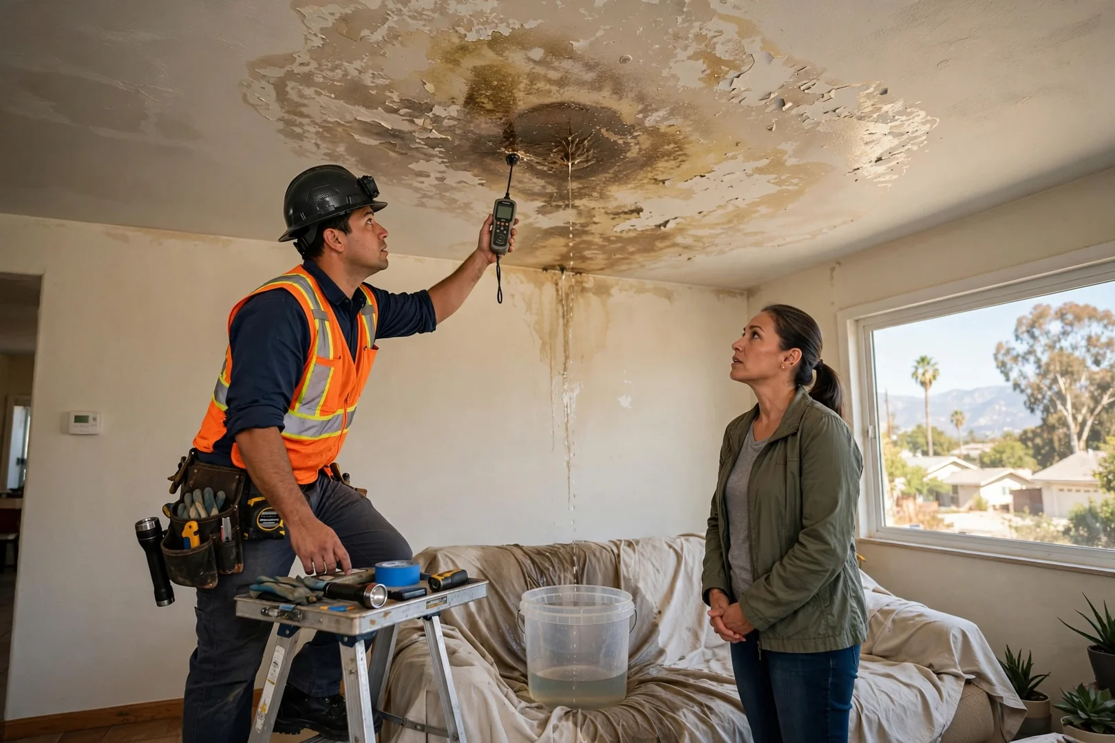 Ceiling water stain indicating an active roof leak inside a Pico Rivera home