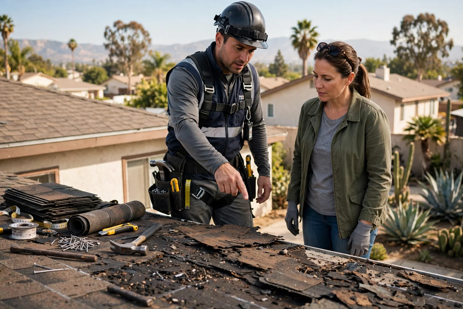 Roofing estimator measuring a tear-off area on a Pico Rivera home roof replacement
