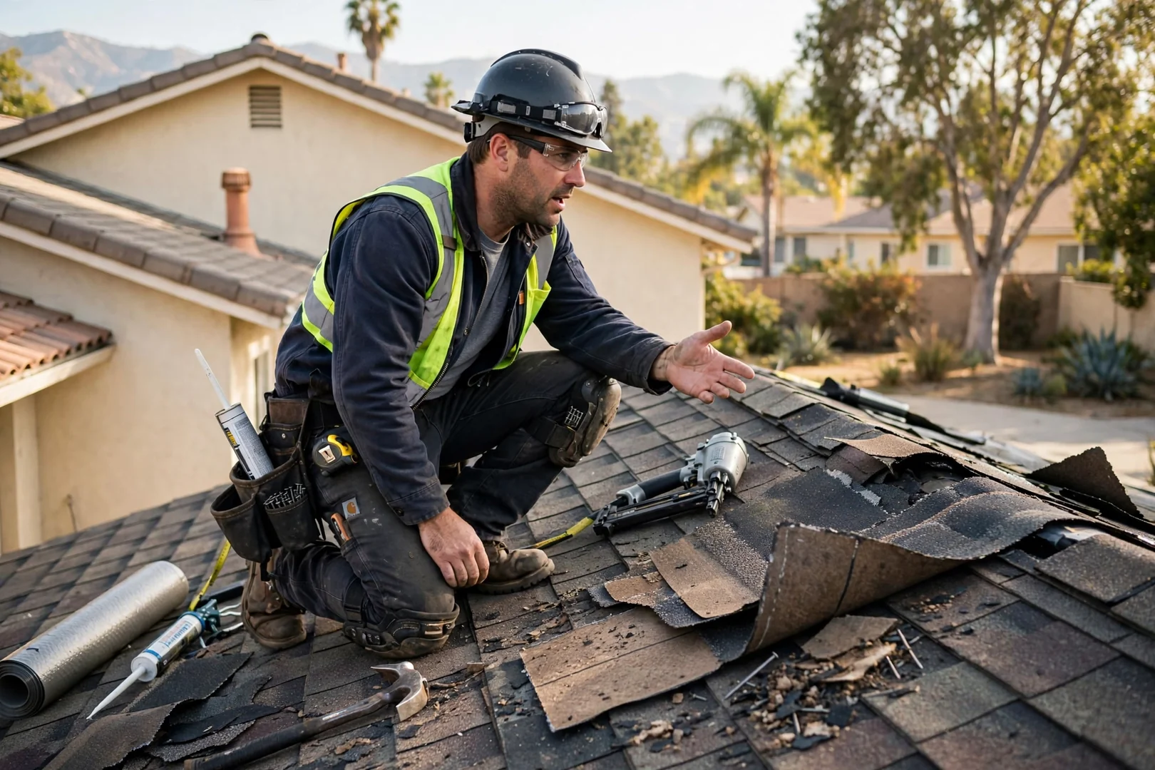 Roofer reviewing a written roof replacement estimate with a Pico Rivera homeowner