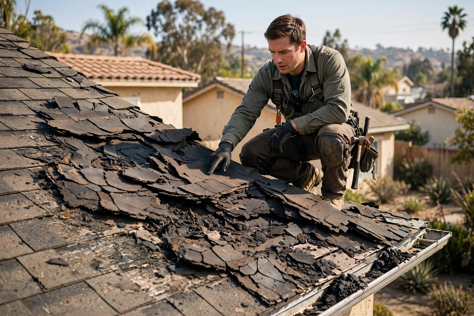 Curled and cracked asphalt shingles with heavy granule loss on an aging roof slope