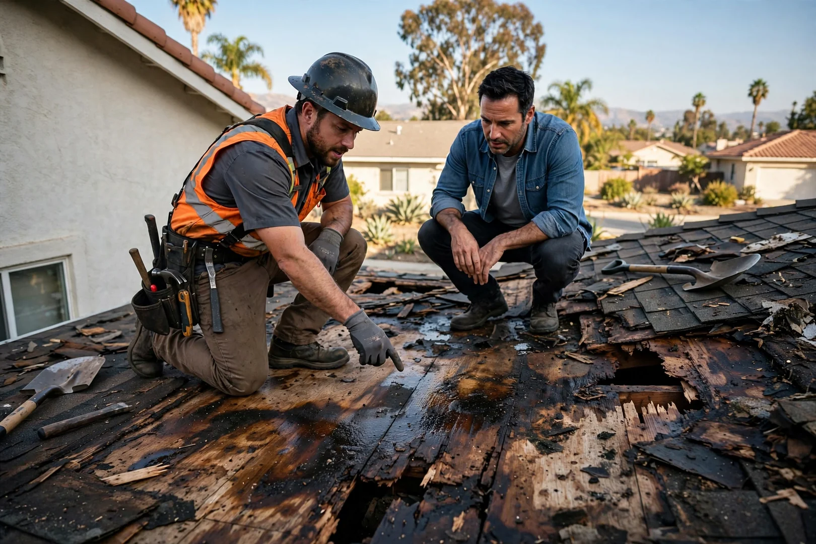 Water staining and deteriorated decking revealed after tear-off on a Pico Rivera home