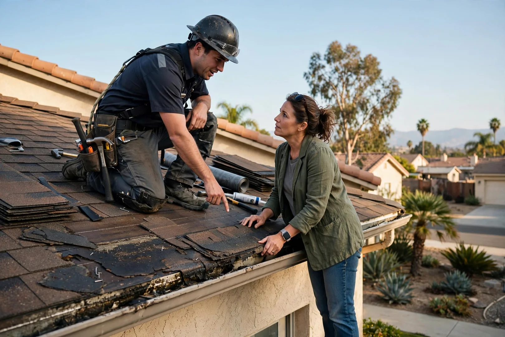 Roofing crew installing underlayment and flashing during a full roof replacement in Pico Rivera