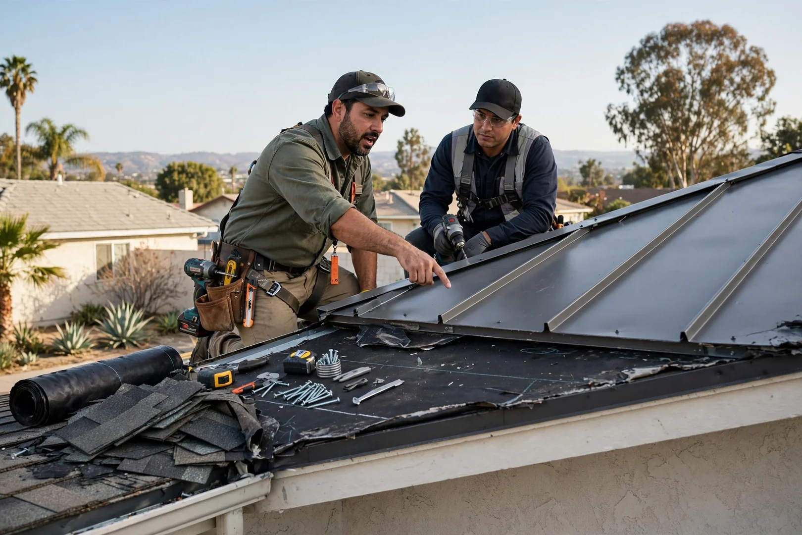 Inspector documenting shingle wear and valley condition on a Pico Rivera rooftop