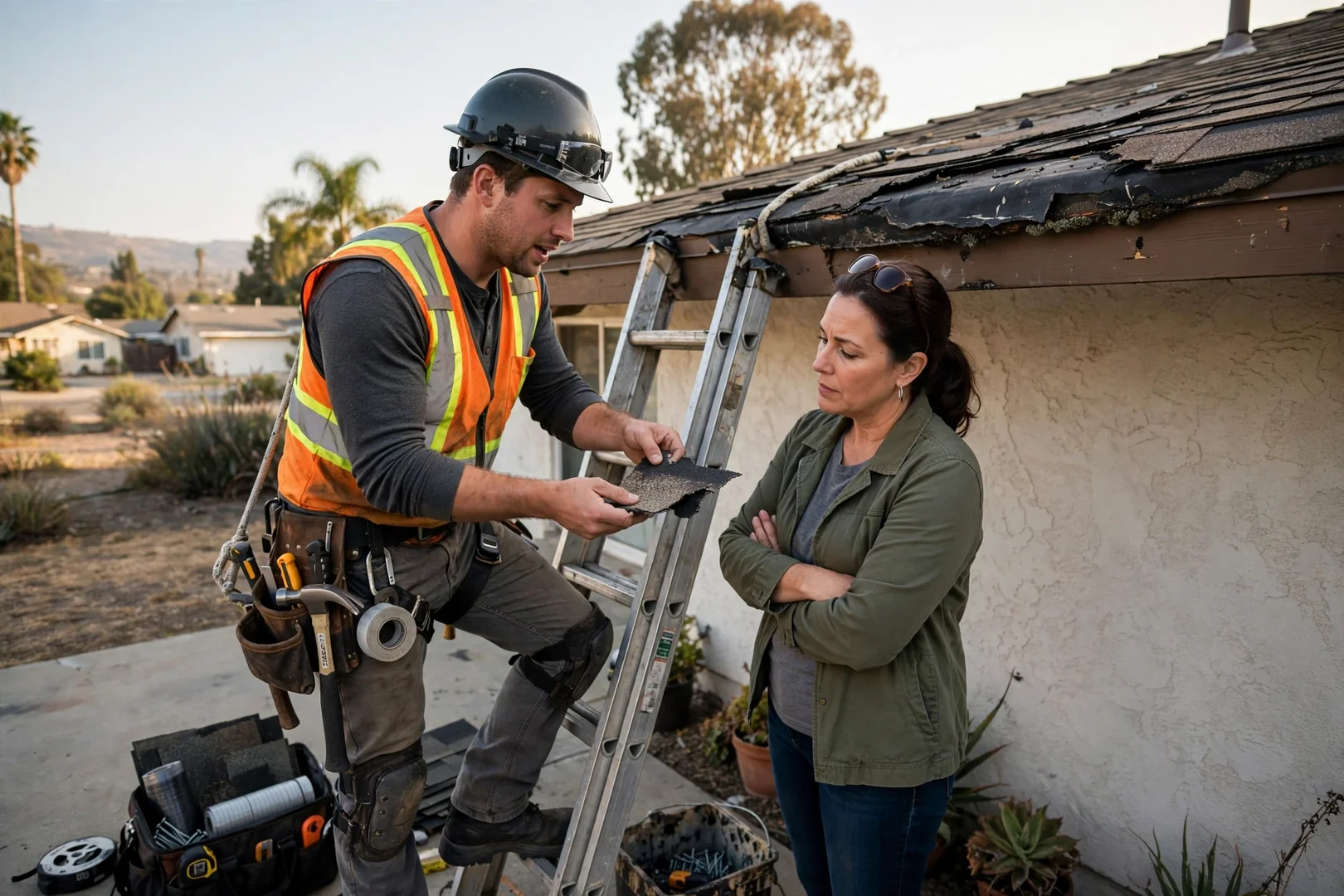 Roofing estimator measuring a residential roof section in Pico Rivera