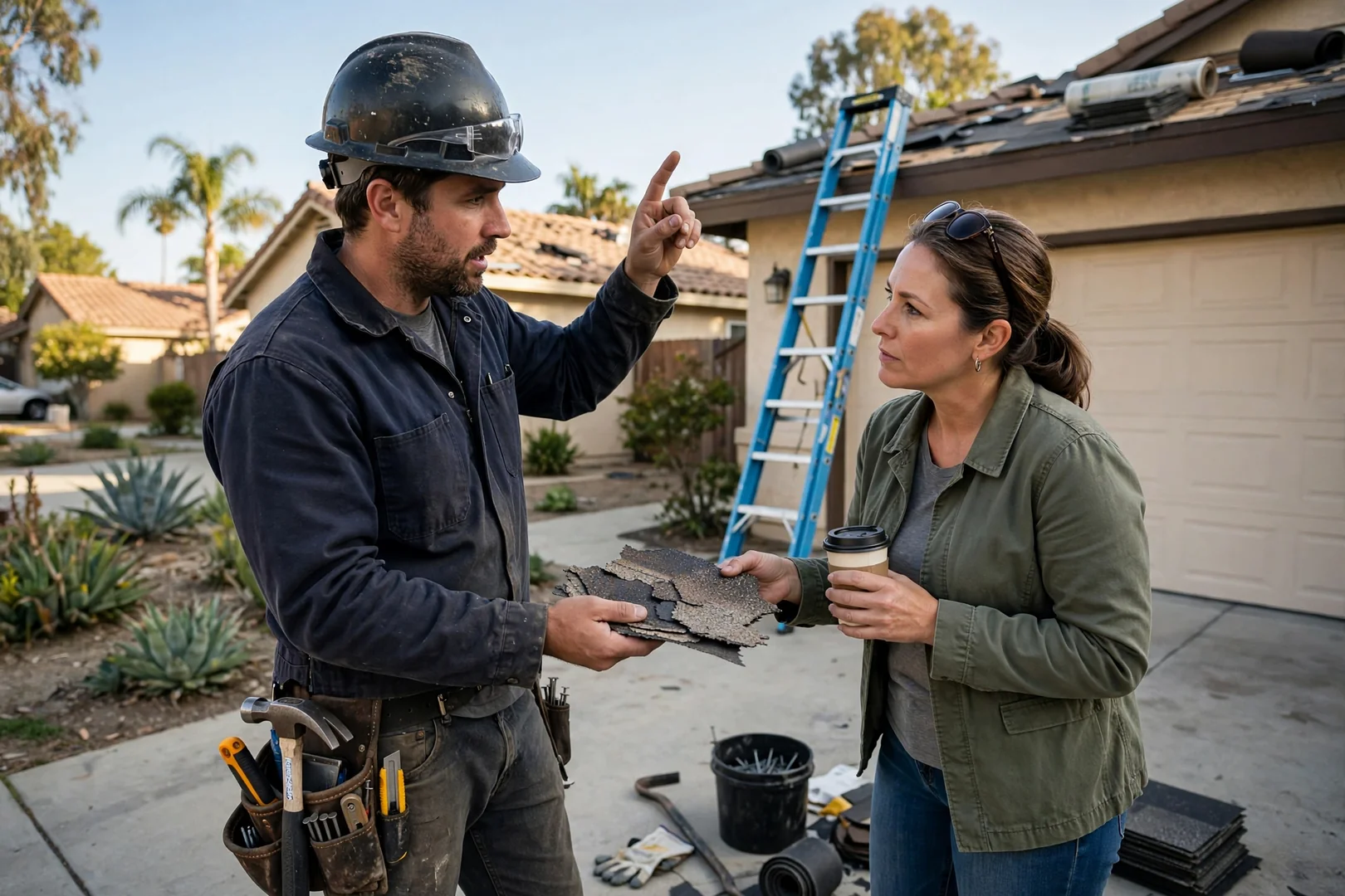 Roofer reviewing written estimate with homeowner beside a Pico Rivera home