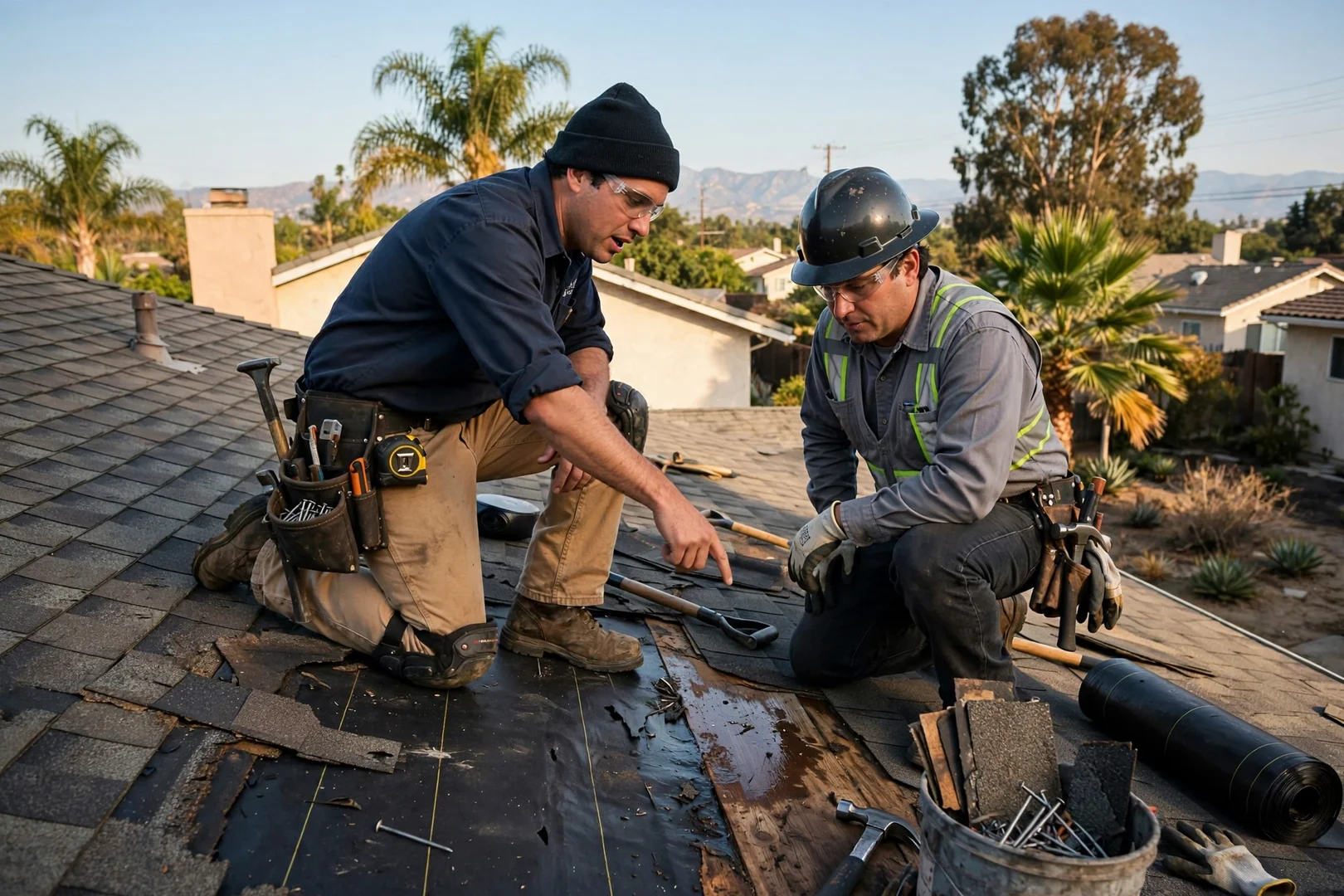 Roofing estimator reviewing shingle condition and flashing details on a Pico Rivera home