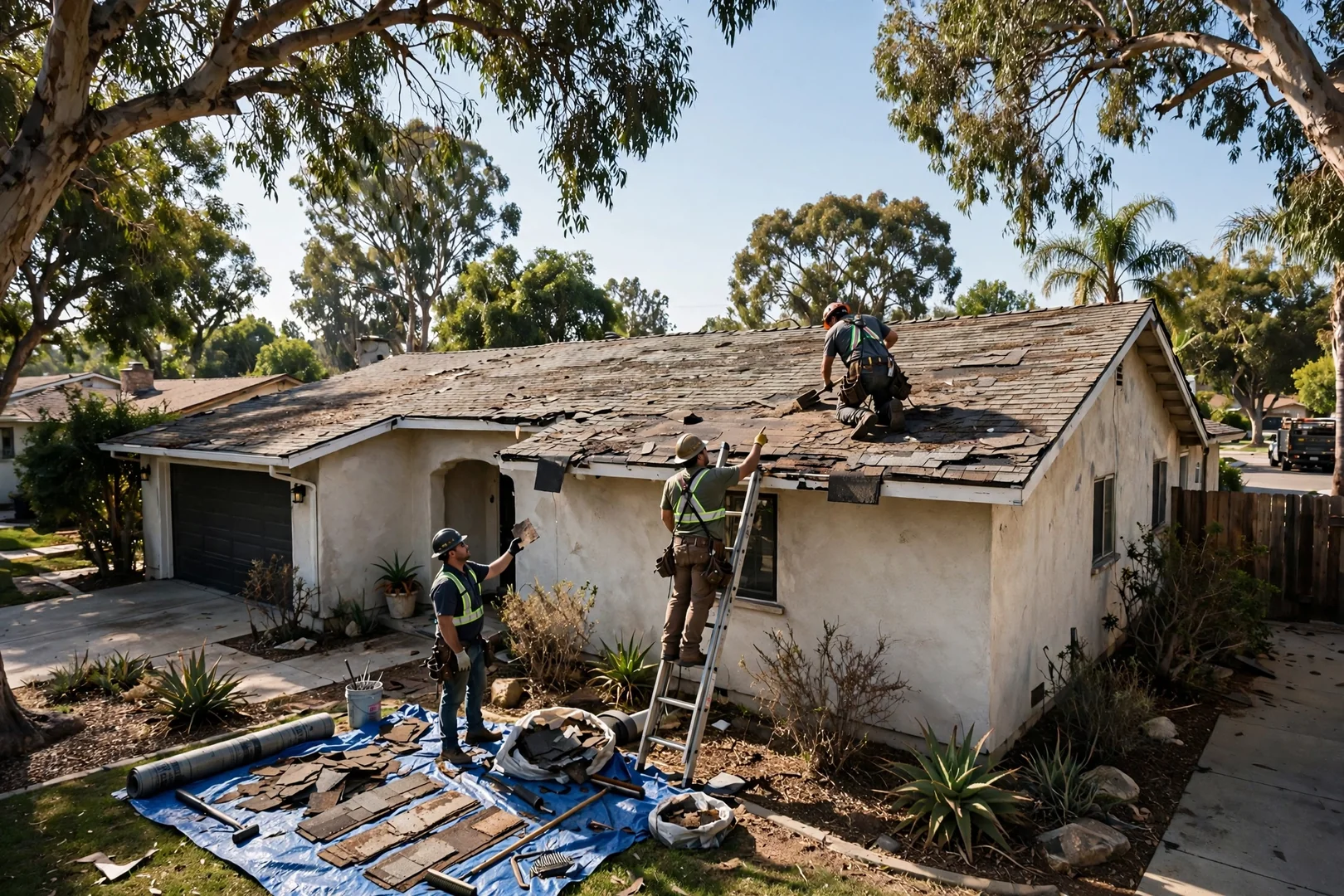 Sun-worn shingle roof on a single-story stucco home in a Pico Rivera neighborhood