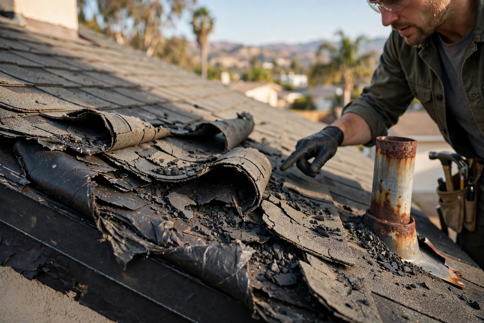 Close view of curling shingles and granule loss around deteriorated pipe flashing