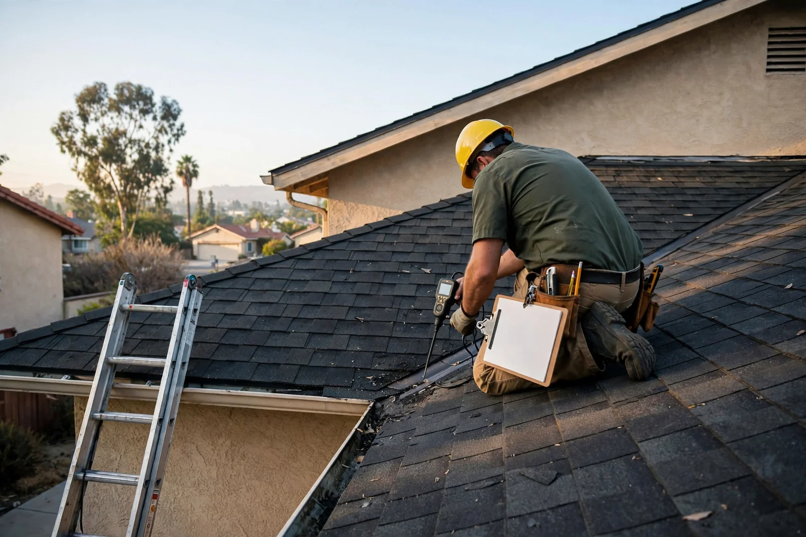 Roofing technician inspecting a valley and documenting findings during a roof evaluation