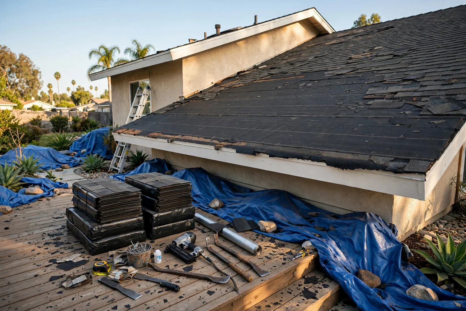 Organized roof repair work area with tarps, tools, and exposed underlayment on a home
