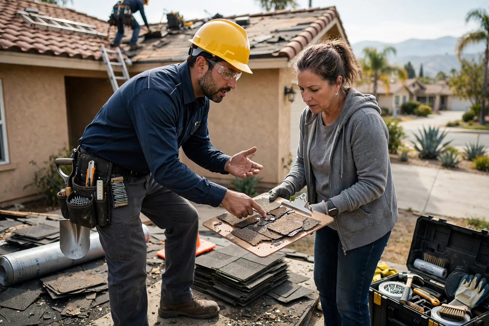 Experienced roofing crew installing new underlayment and flashing on a residential roof in Pico Rivera during a full replacement project