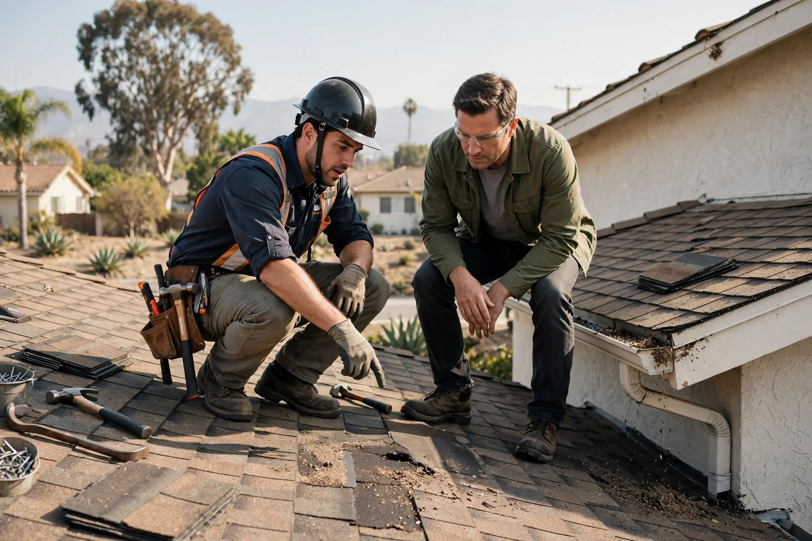 Roofer measuring wind-lifted shingles on a Pico Rivera home after a storm