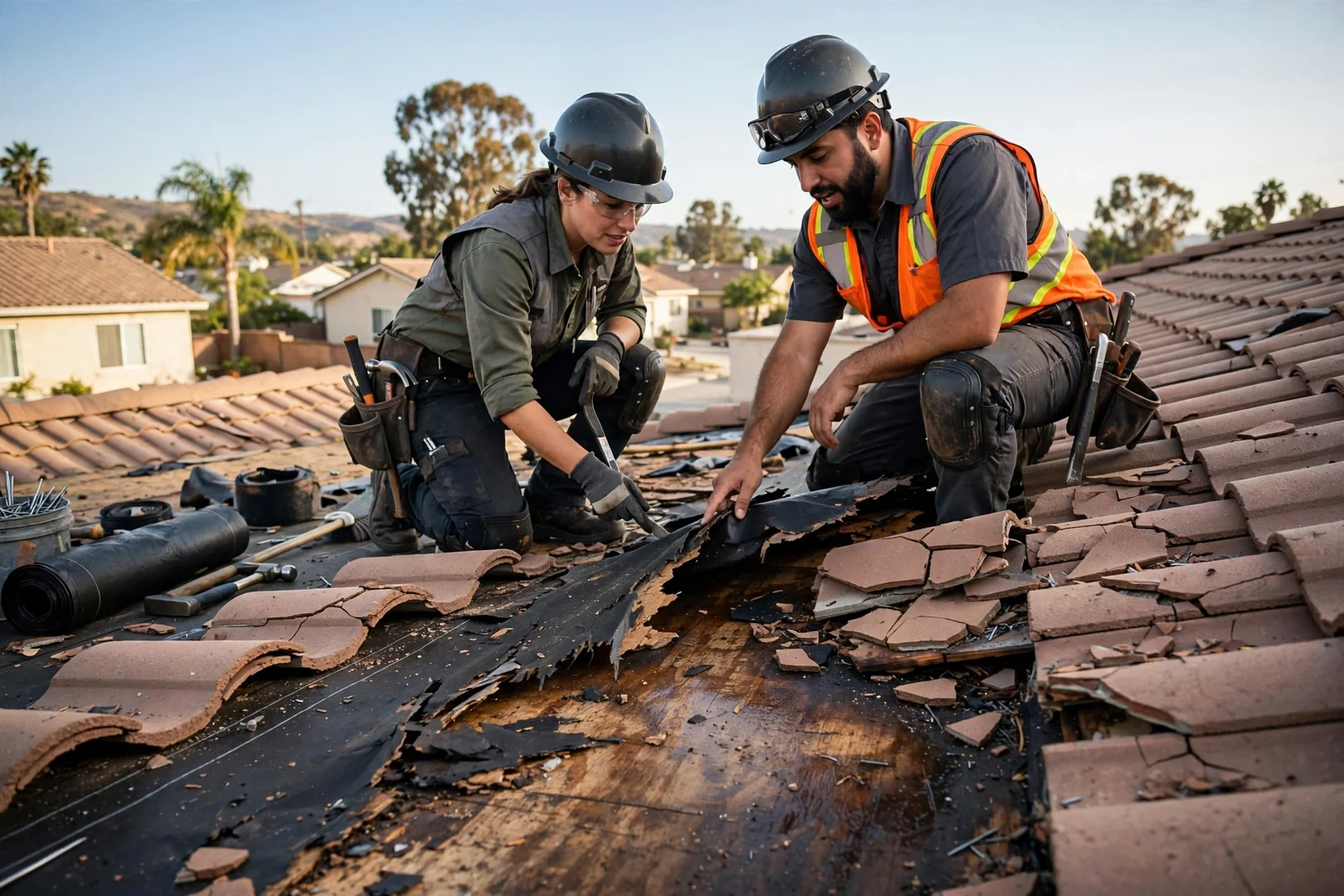 Cracked roof tiles and torn underlayment revealing storm damage on a residential roof