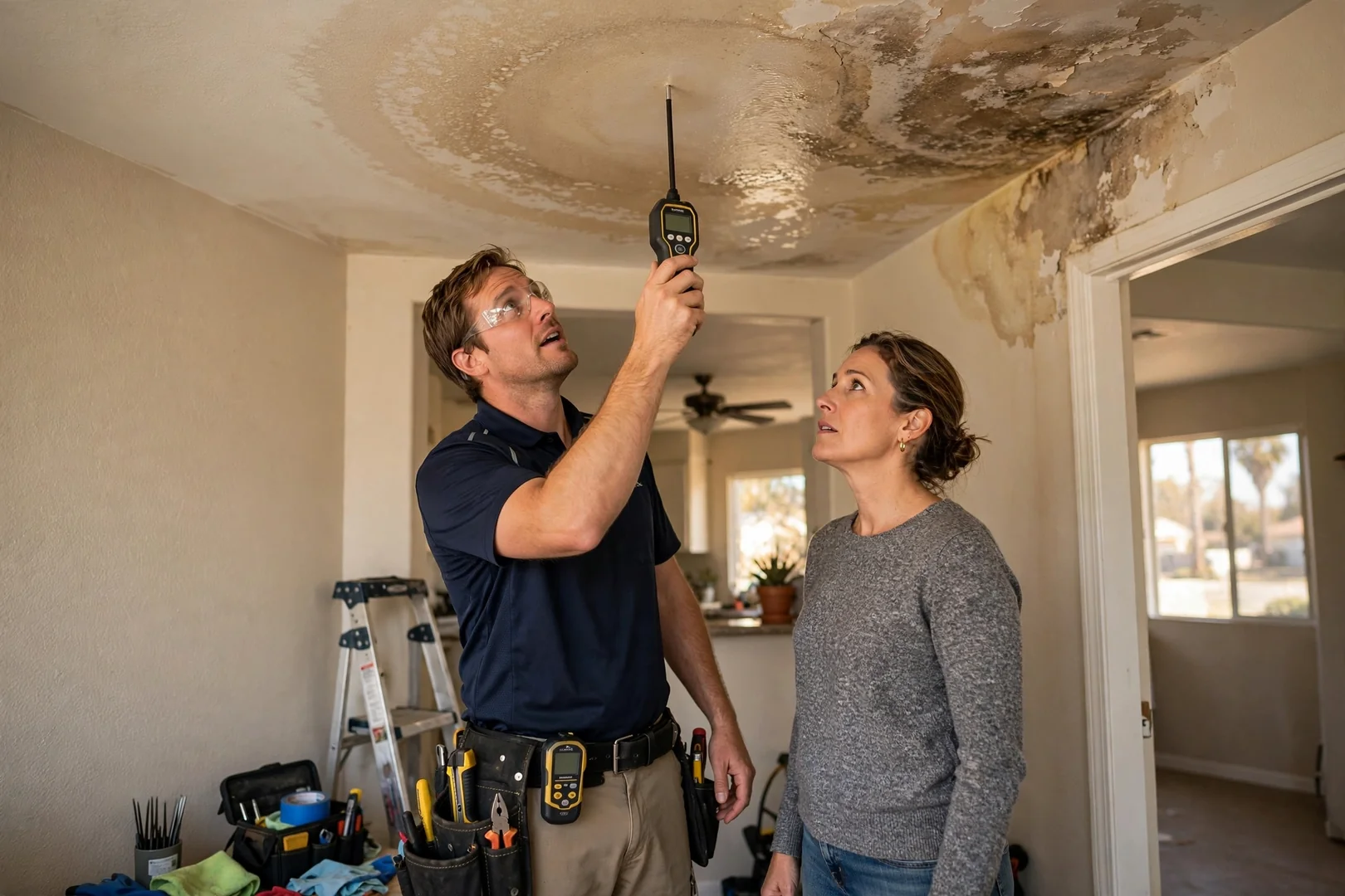 Water stain spreading across an interior ceiling from a hidden roof leak