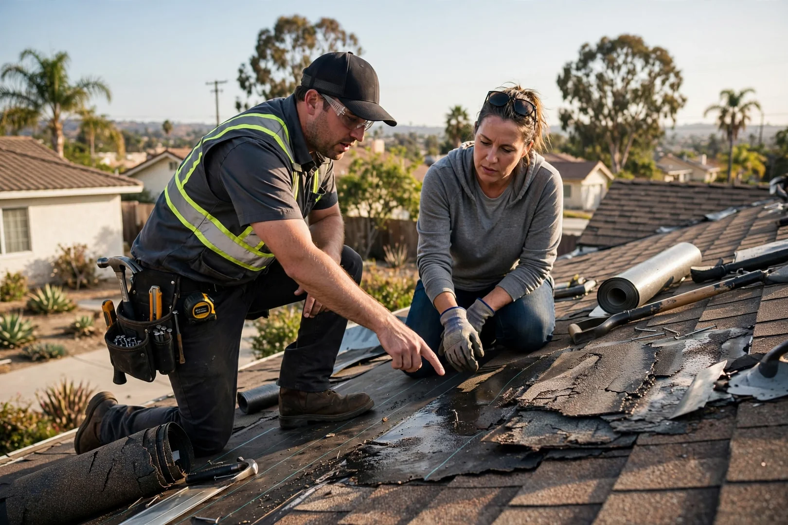Roofing technician reviewing storm repair photo documentation with a homeowner on site